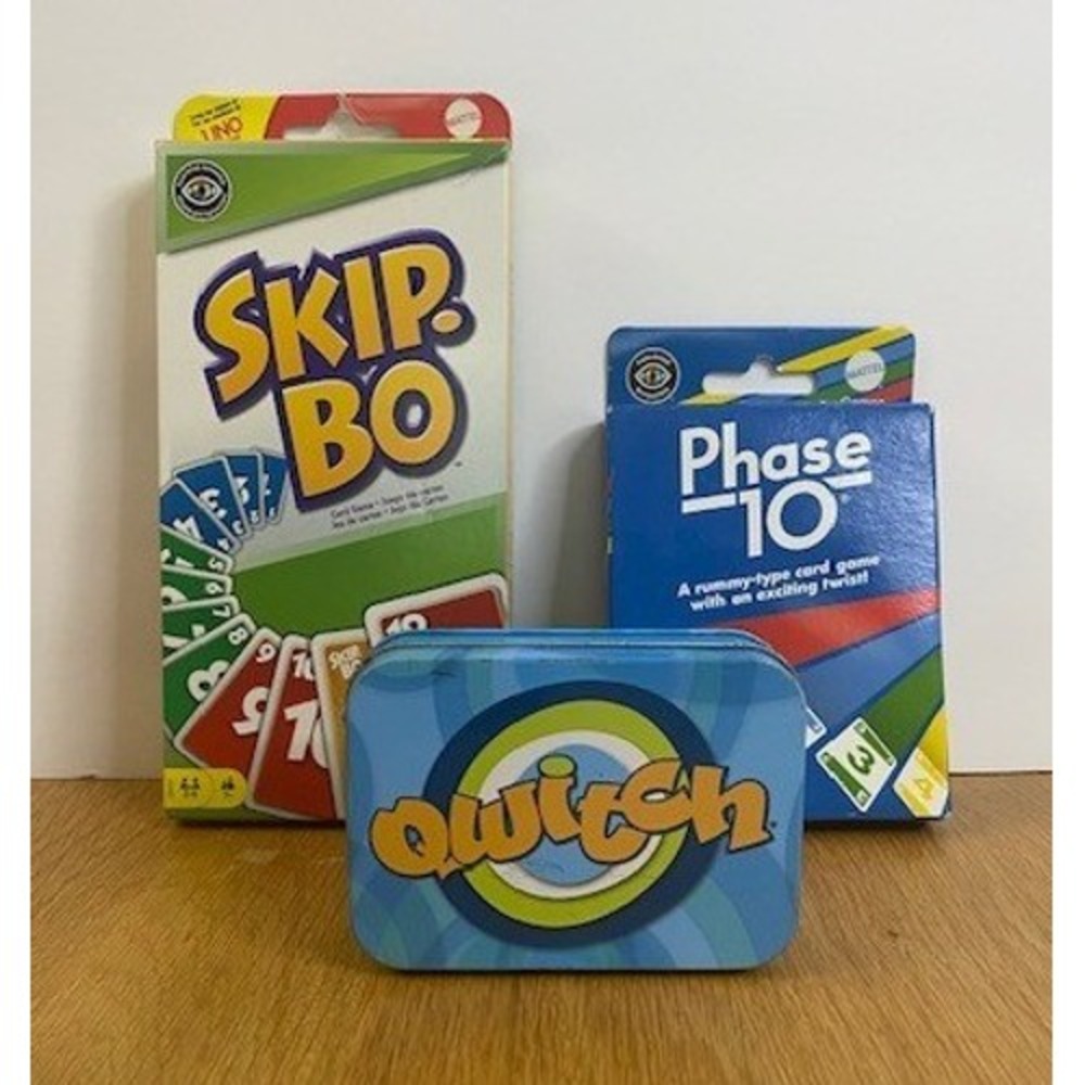 Mattel Card Game Lot 3 Skip-Bo Phase 10 Qwitch Multicolor Good Box Wear